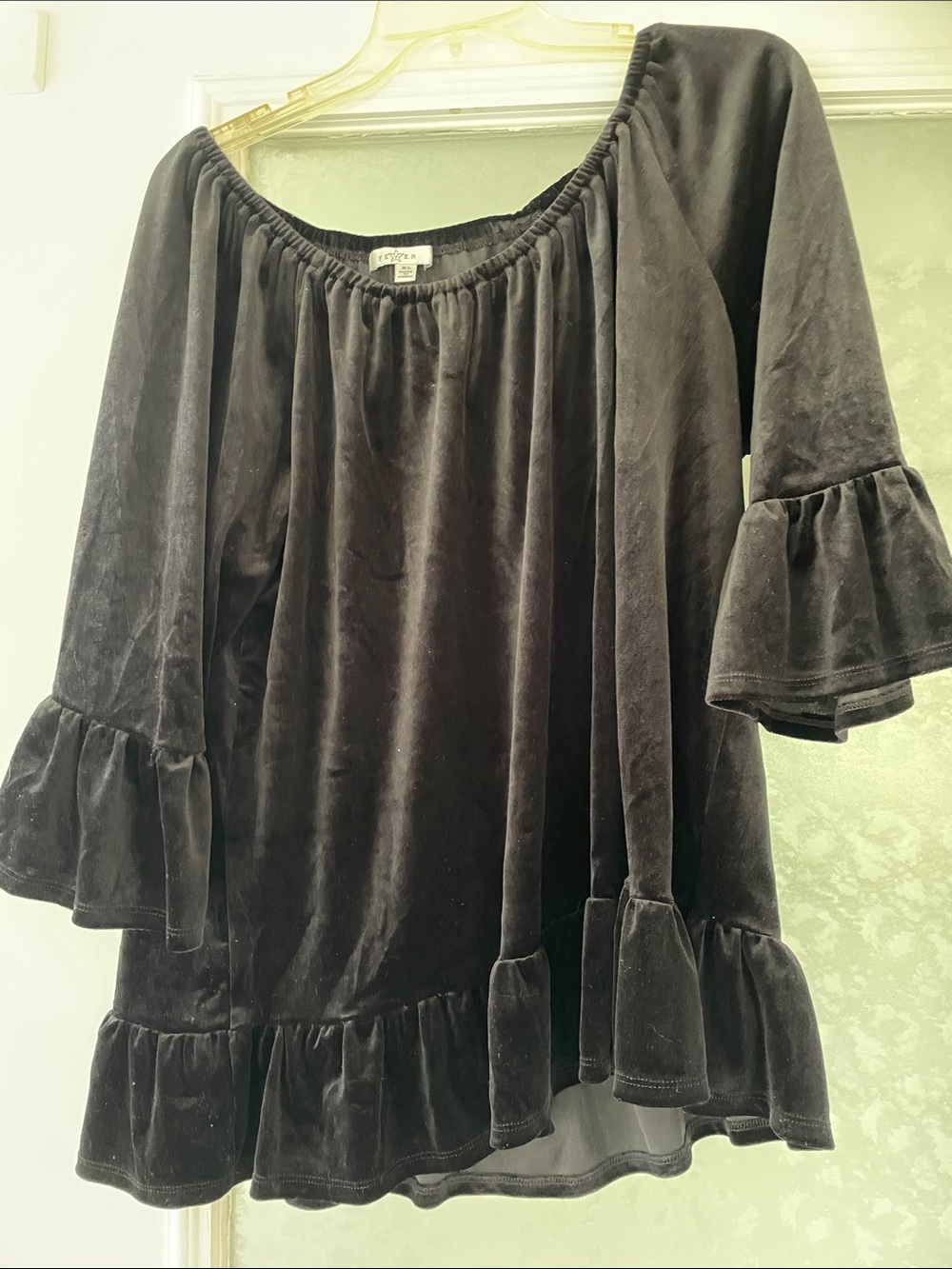 Fever Black Velvet Ruffle Peasant Blouse
